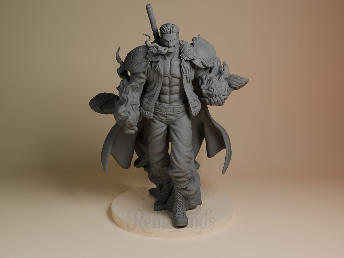 Front view of Smoker from One Piece, an unpainted resin figure standing with sculpted smoke effects on a round base.