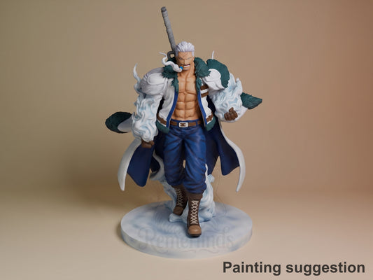 Smoker resin figure from One Piece posed frontally with dual smoke cloud effects, white hair, blue pants, brown boots, holding staff, painted on circular base.