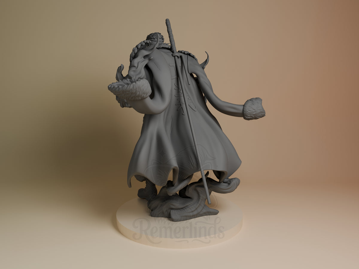Smoker from One Piece shown in a rear three-quarter view as an unpainted resin figure with coat, weapon, and sculpted base.