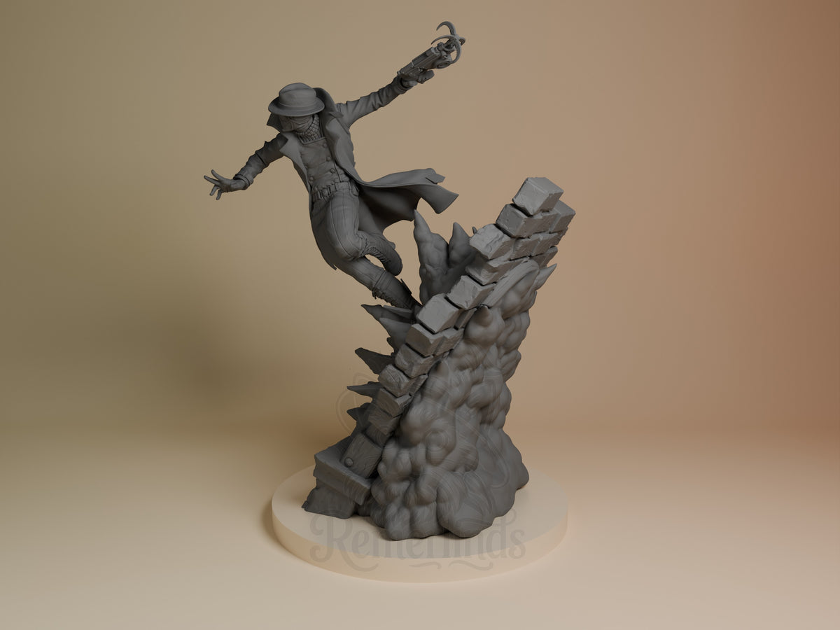 Masked Vigilante Spiderman 3D printed resin figure by Nomnom, angled view showing dimensional detail.