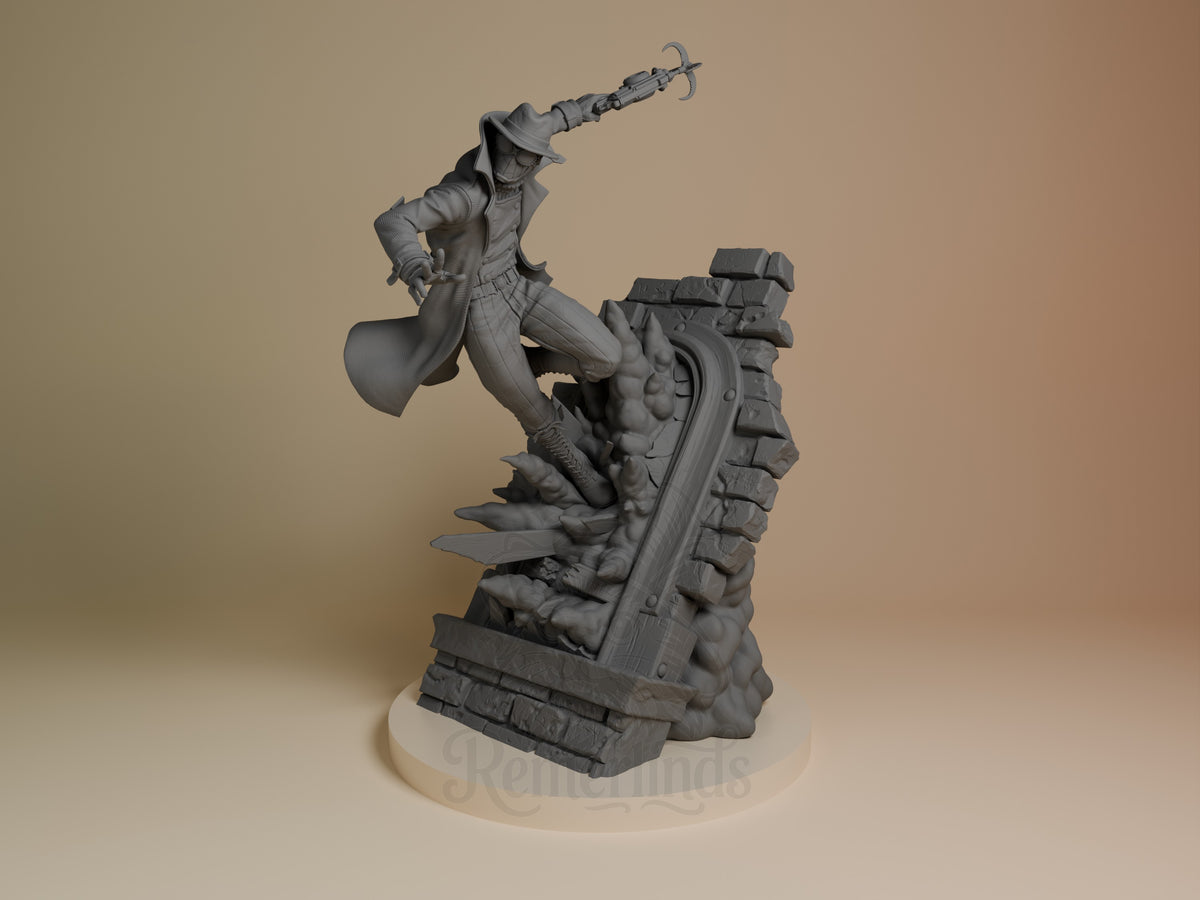 Masked Vigilante Spiderman 3D printed resin figure by Nomnom, unpainted front view. The miniature depicts the character SpiderNoir in a dramatic action pose, caught mid-leap with a grappling hook gun extended behind. The detailed trench coat and fedora contribute to the figure's noir vigilante aesthetic, while the brick wall and smoky effect base add a dynamic urban atmosphere, showcasing a scene of intense movement and shadowy heroism.