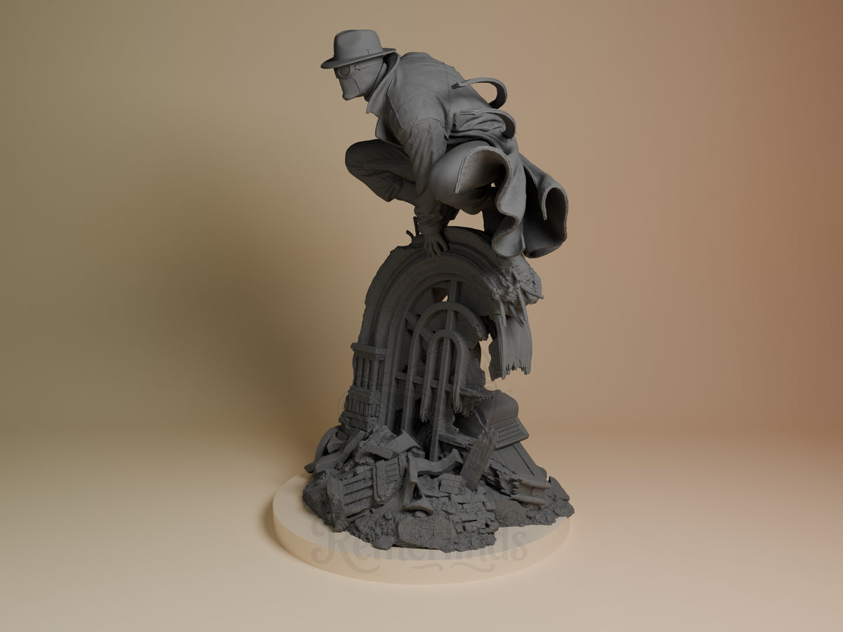 Masked Vigilante resin figure posed crouching on detailed urban rubble base, shown in gray unpainted state from side angle view.
