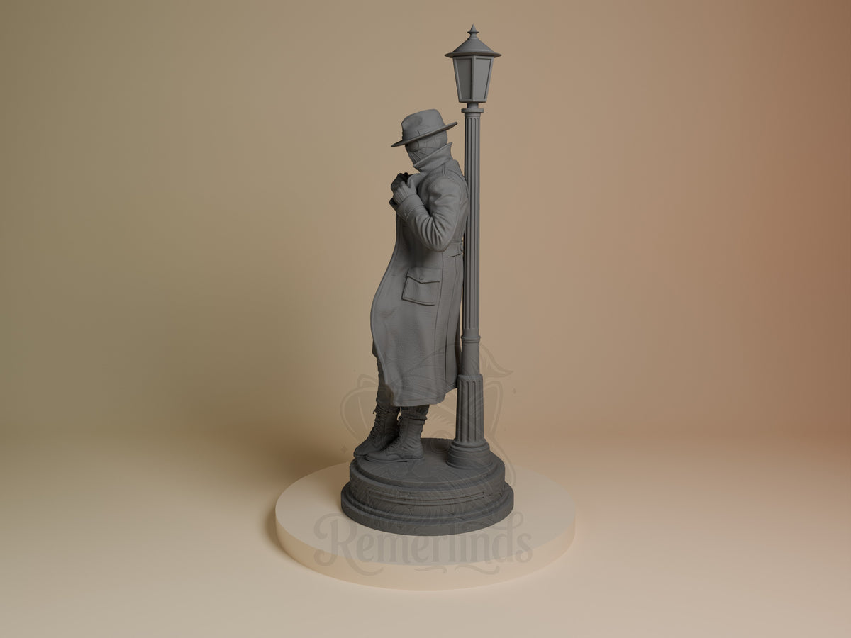 Masked Vigilante from Spiderman resin figure shown unpainted from the side with lamp-post base.