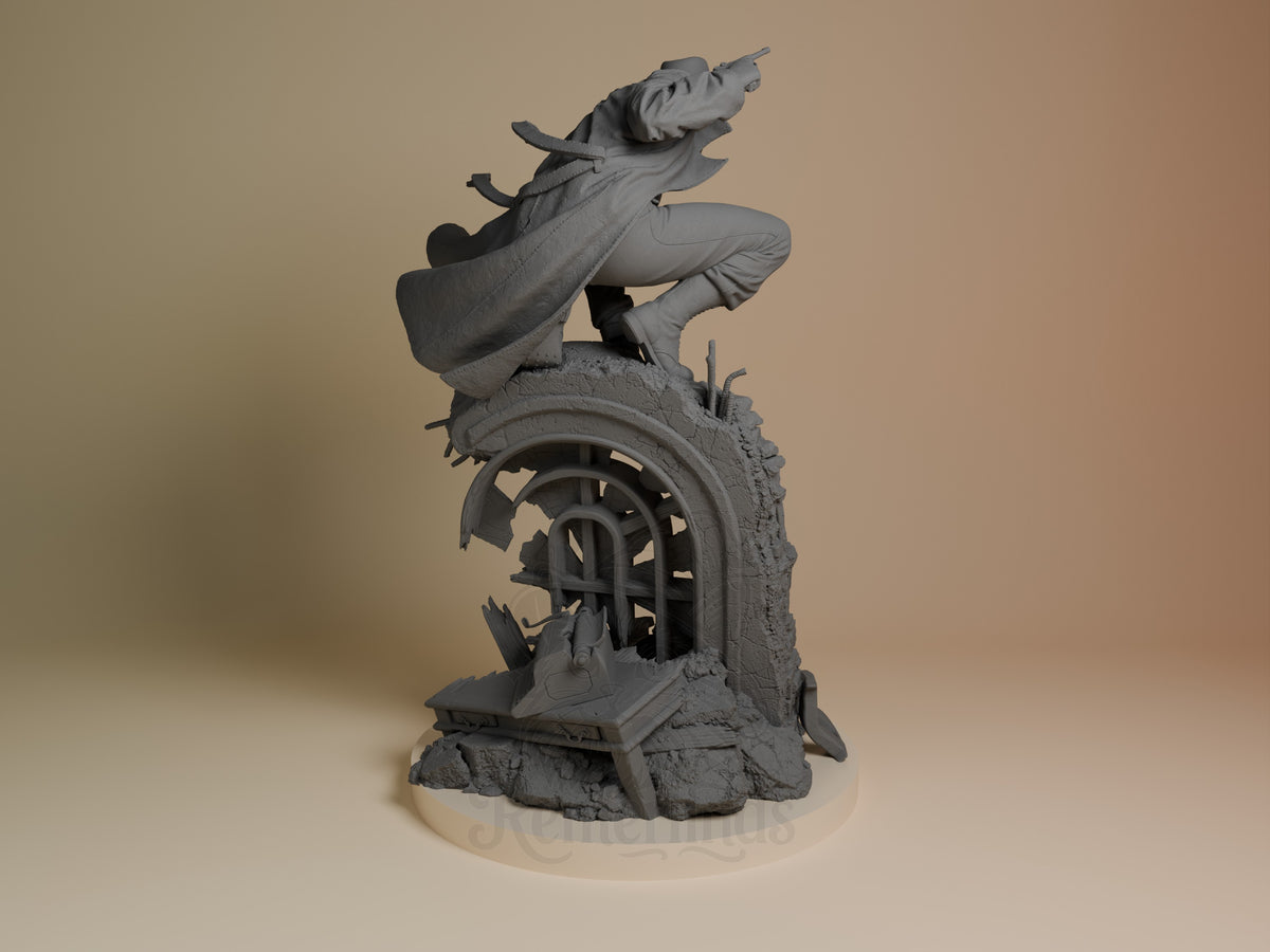 Masked Vigilante 3D resin figure shown from back angle, posed dynamically on textured base with weathered architectural details, unpainted gray finish.