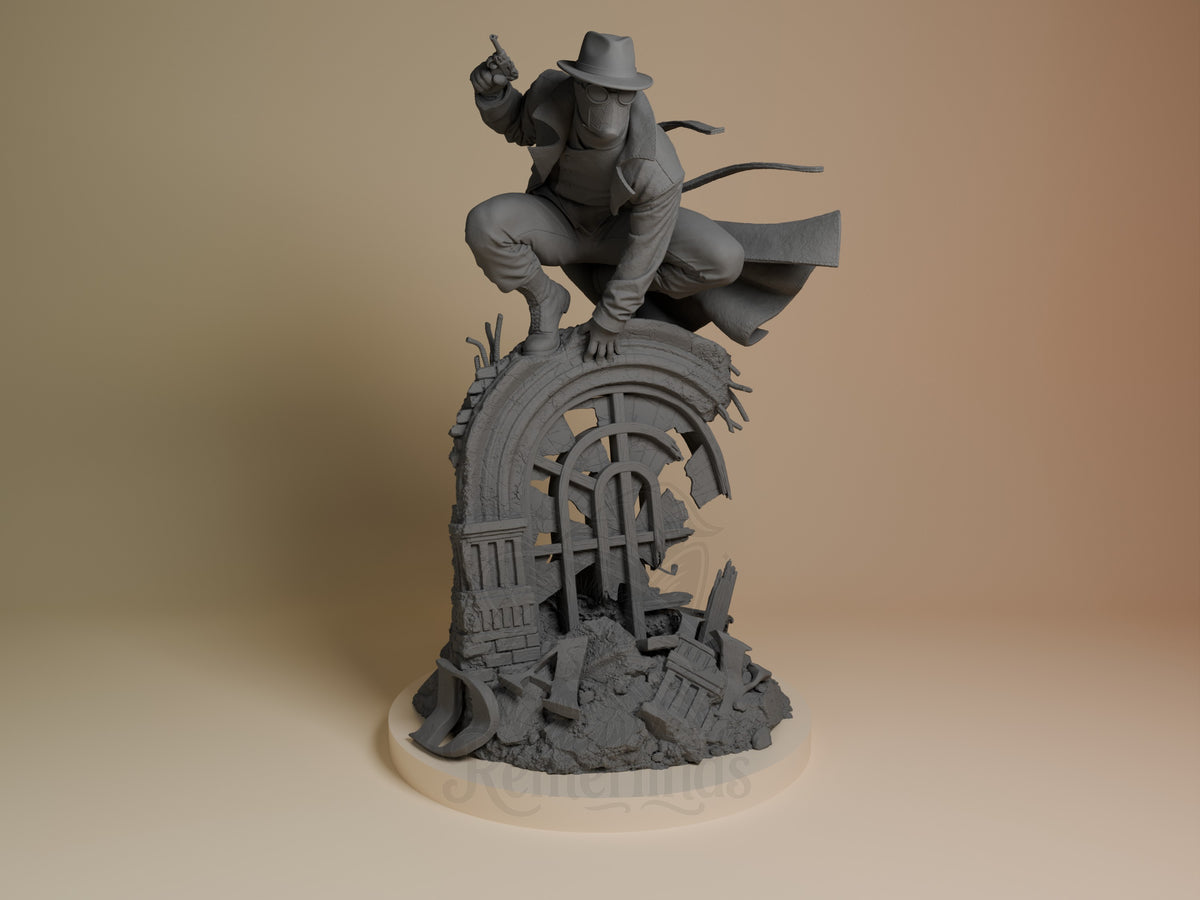 Masked Vigilante 3D resin figure in dynamic crouching pose atop detailed urban ruins base, unpainted gray finish, front angle view.