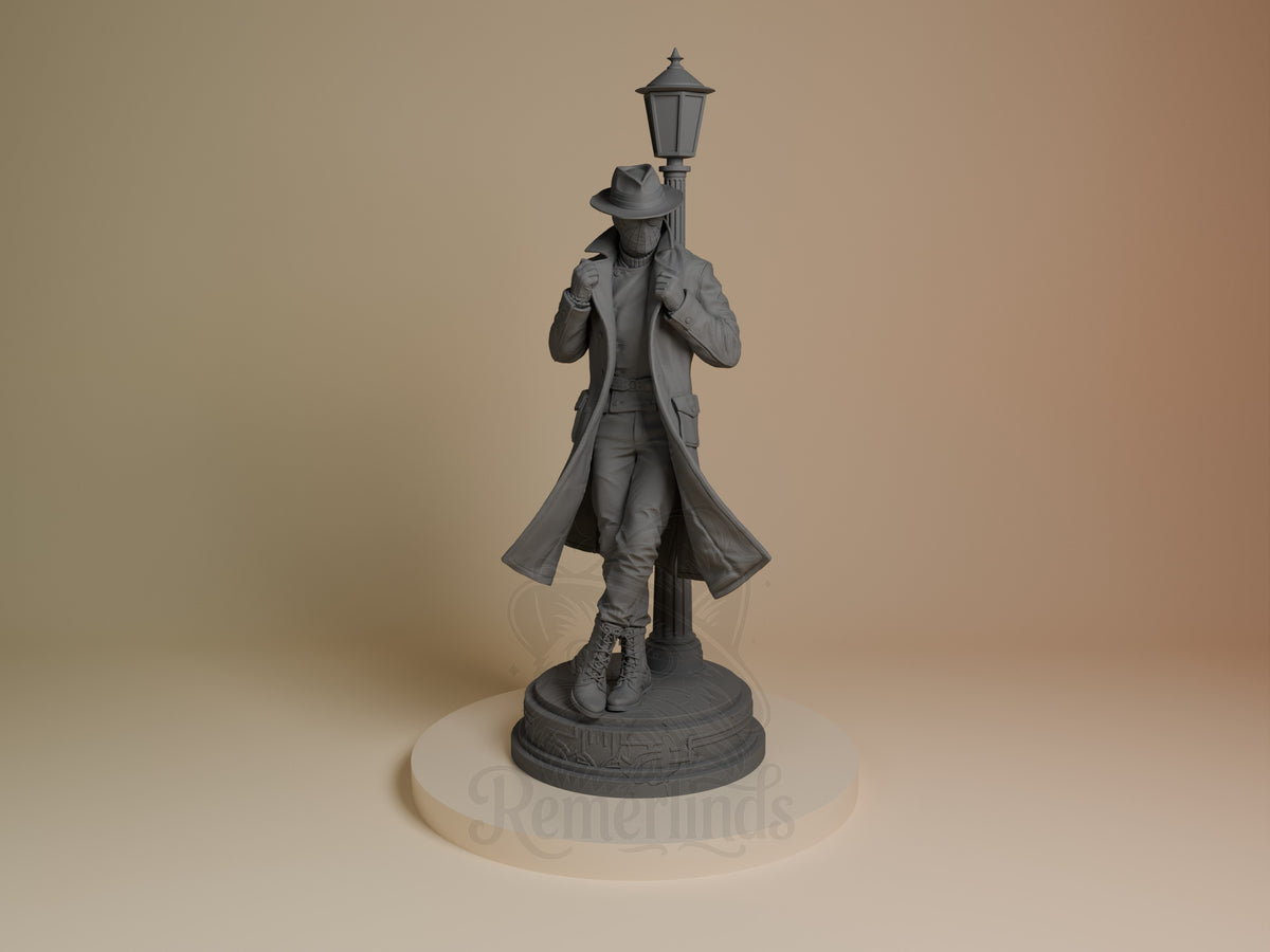 Front view shows Masked Vigilante from Spiderman, an unpainted resin figure with raised hands on a lamp-post base.