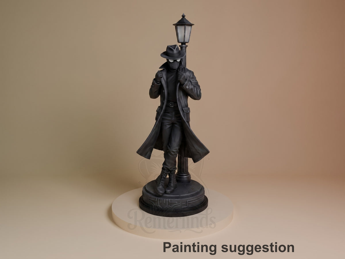 Masked Vigilante from Spiderman resin figure is painted black, front-facing with raised fists on a sculpted base.