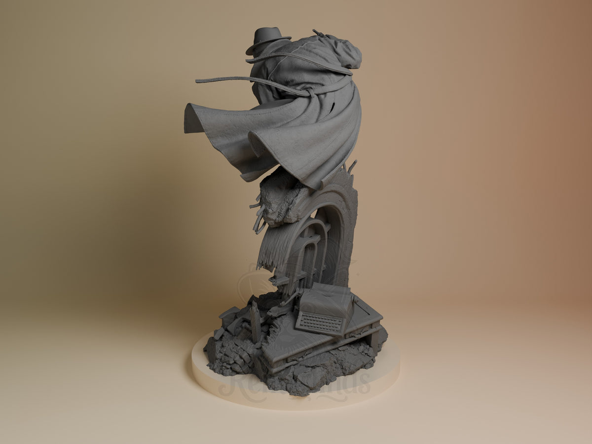 Masked Vigilante resin figure posed dynamically on rocky base, shown from left angle with cape flowing, fedora hat visible, unpainted gray finish.