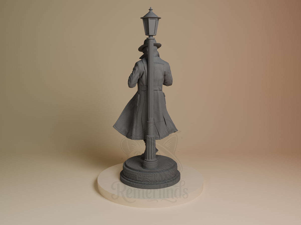 Masked Vigilante from Spiderman resin figure shown from behind, unpainted, on a lamp-post base.