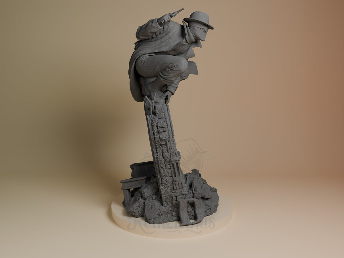 Masked Vigilante resin figure in dynamic climbing pose on detailed urban base, shown from right angle, unpainted gray finish.