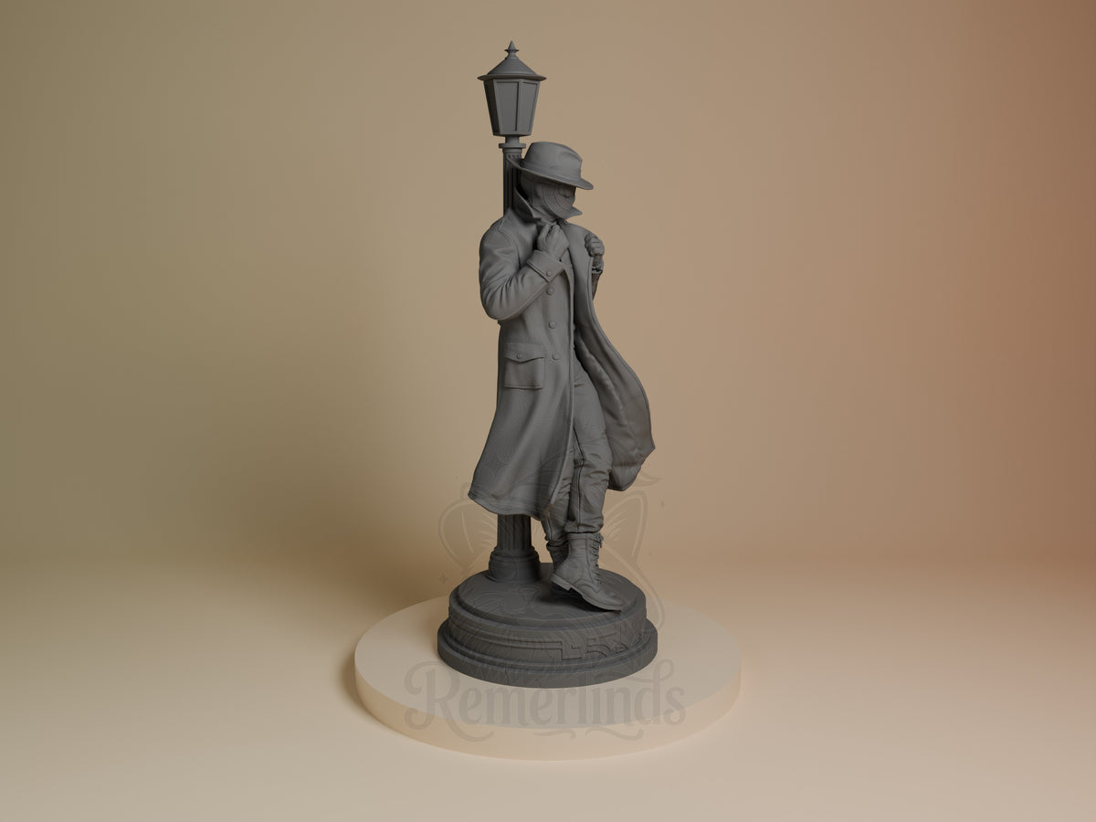 Masked Vigilante from Spiderman resin figure is unpainted in a right-facing pose on a sculpted lamp-post base.