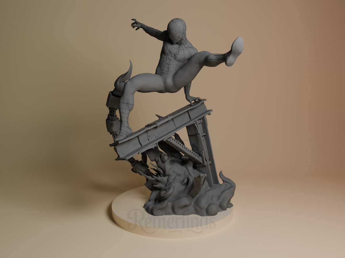Webbed Guardian resin figure in dynamic pose balancing on architectural base, one leg extended, arm outstretched, unpainted gray finish, side angle view.