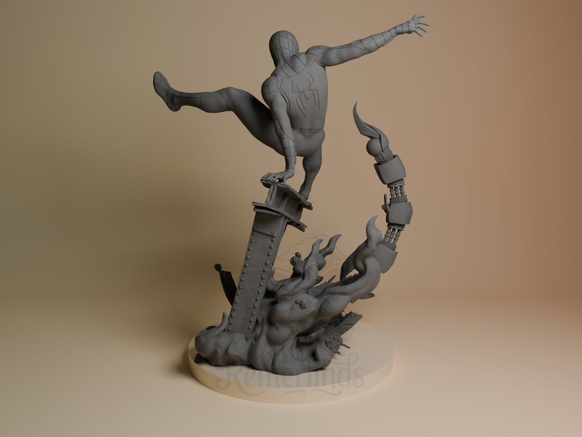 Webbed Guardian Spider-Man resin figure shown from back view, balanced on detailed base with mechanical tentacles, unpainted gray finish.