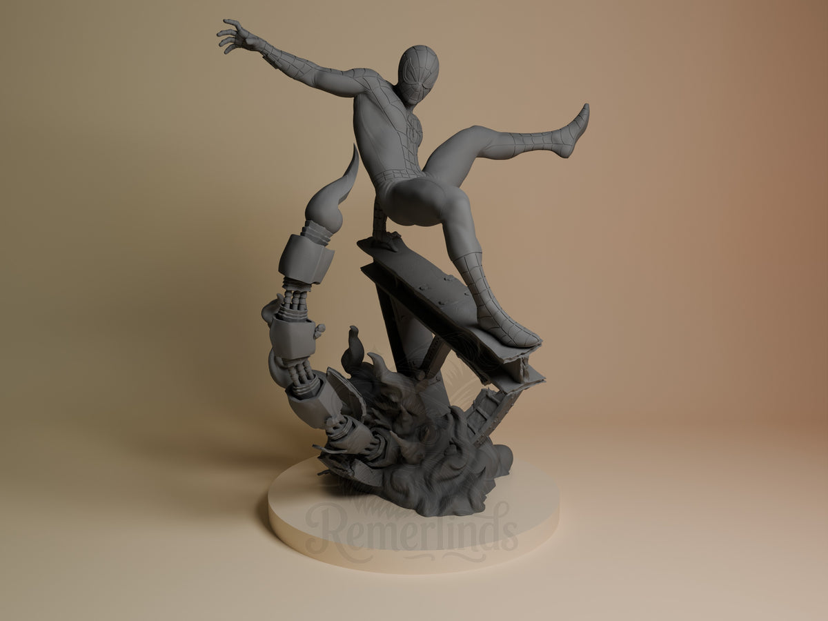 Webbed Guardian resin figure posed dynamically on debris base, one leg extended upward, arm outstretched, unpainted gray finish, front view.