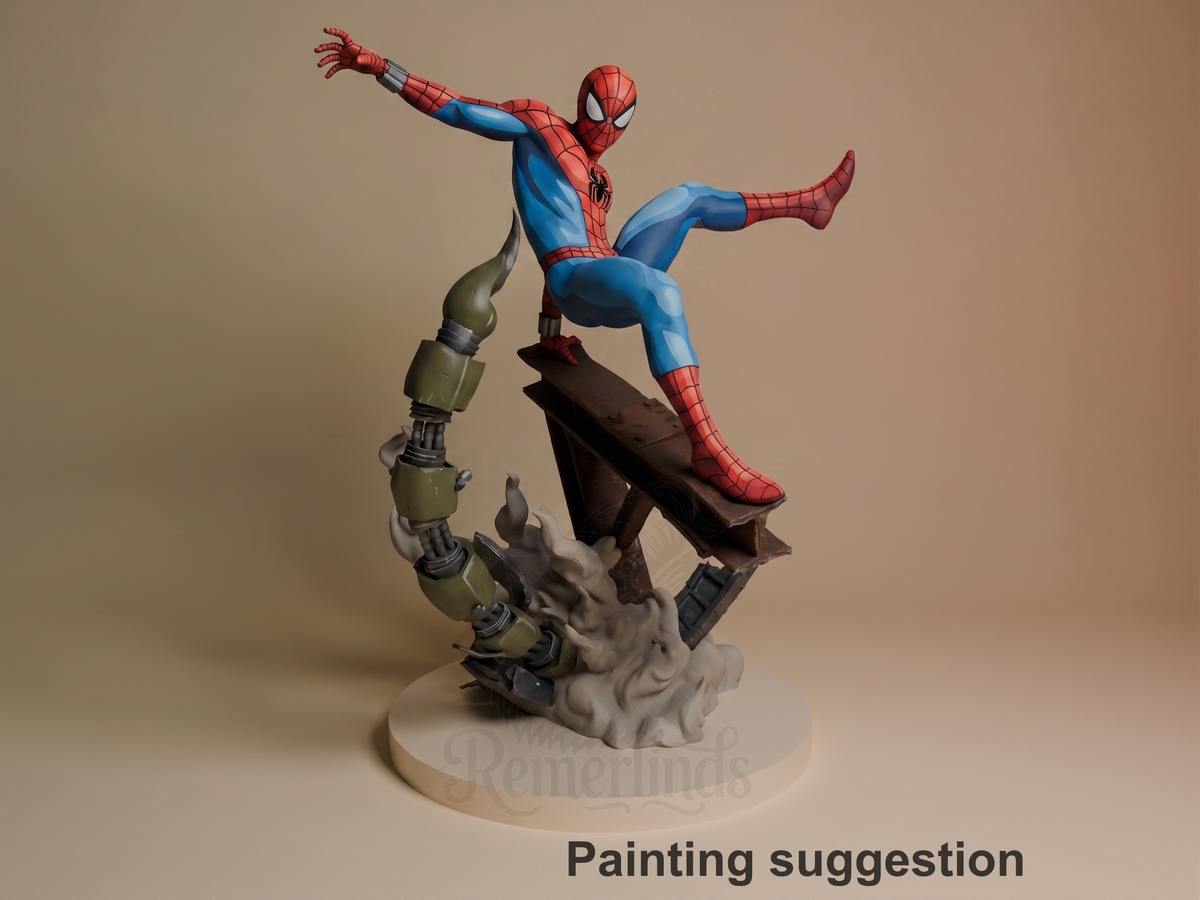 Webbed Guardian Spiderman 3D printed resin figure by Nomnom, colored view.