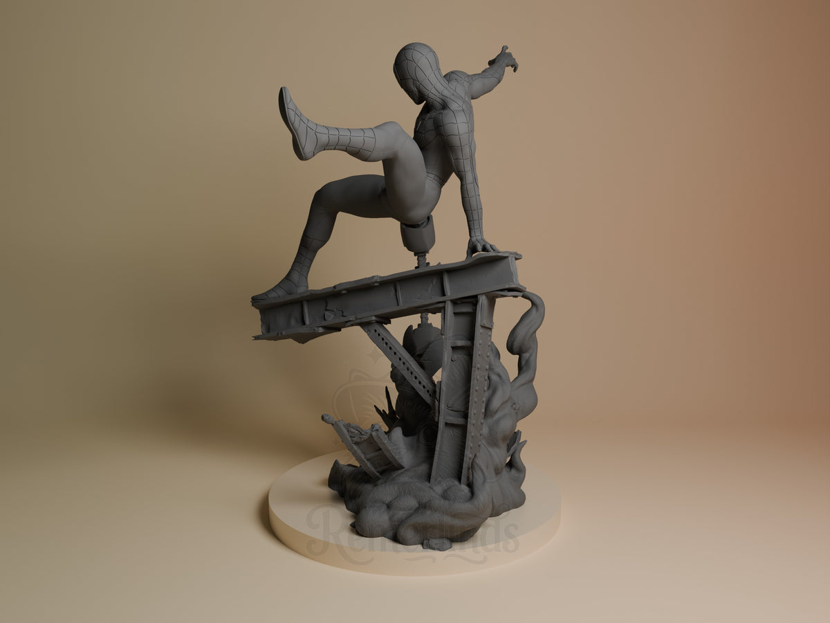 Webbed Guardian resin figure in dynamic pose atop industrial base, left angle view, unpainted gray detail with textured suit and outstretched arm.