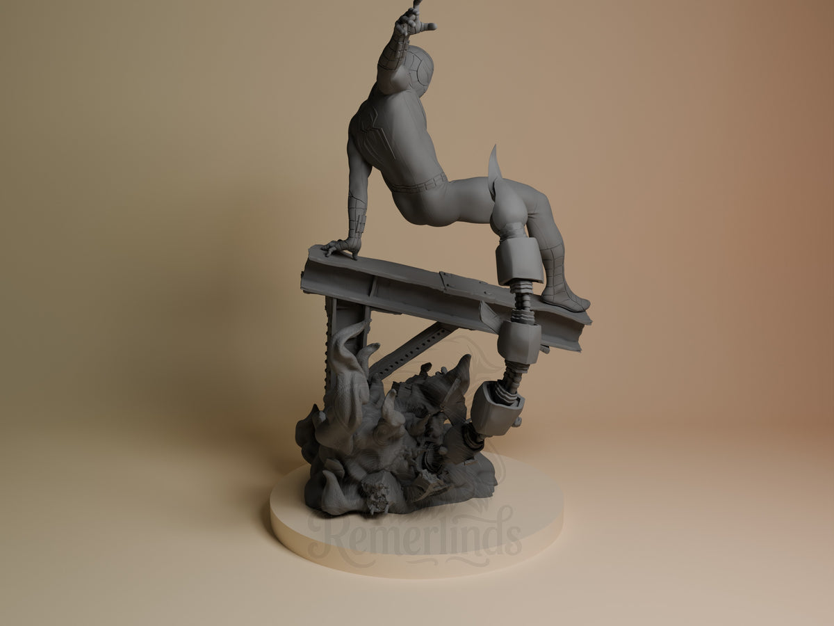 Webbed Guardian resin figure in dynamic pose on rocky base, shown from right side angle, unpainted gray finish, articulated limbs extended.