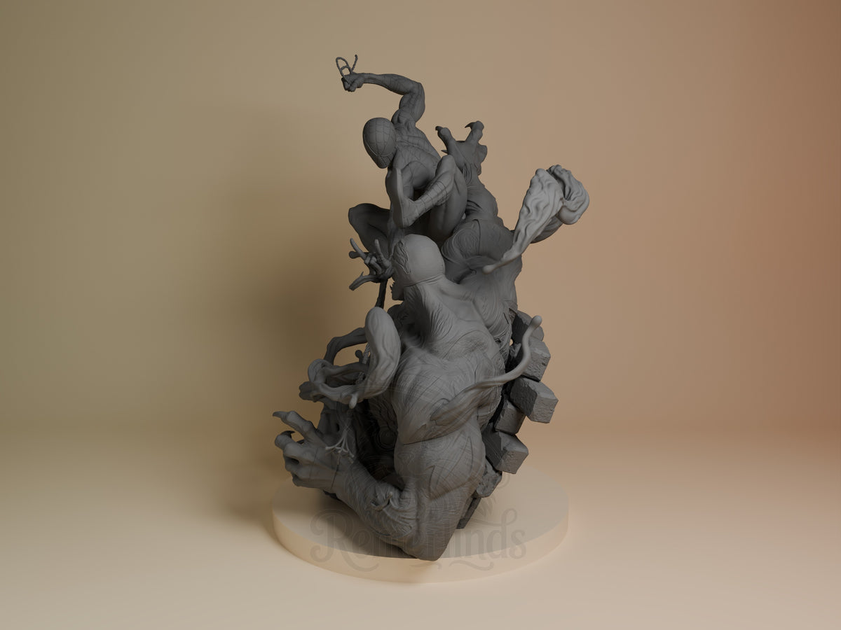 Detailed gray resin figure of Spider-Man fighting a multi-armed creature, shown from angled side view on cream base, unpainted.