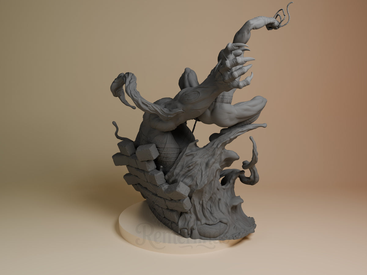 Webbed Guardian vs Poisonous Freak resin figure viewed from back, showing unpainted gray details of both characters on round base.