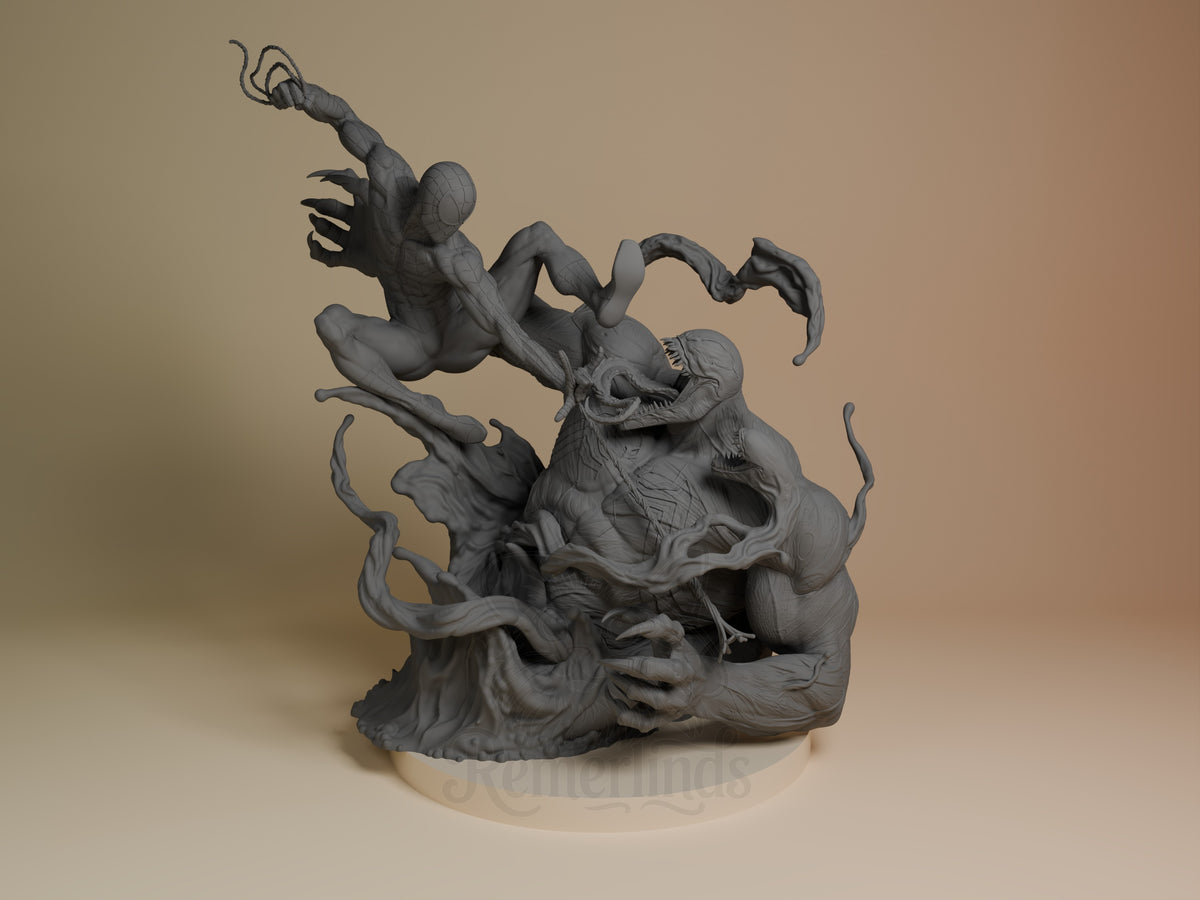 Webbed Guardian vs Poisonous Freak resin figure from Spider-Man, unpainted gray, dynamic combat pose on circular base, front view.