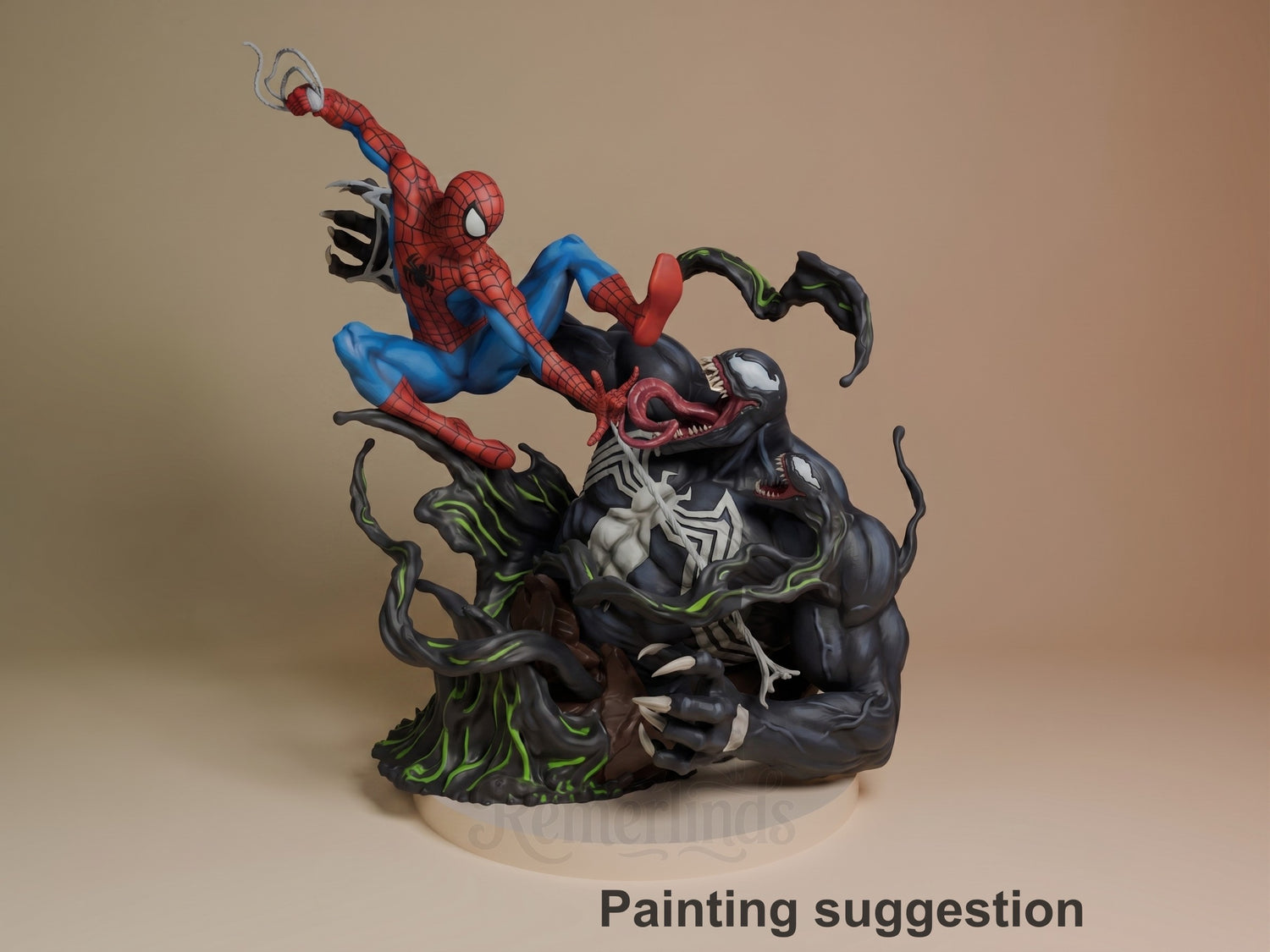 Spider-Man battling Venom on a green-trimmed base, intricately painted resin figure with dynamic fighting pose and detailed sculpting.