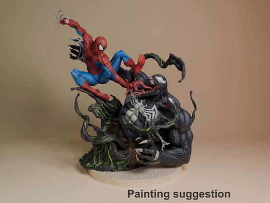 Spider-Man battling Venom on a green-trimmed base, intricately painted resin figure with dynamic fighting pose and detailed sculpting.