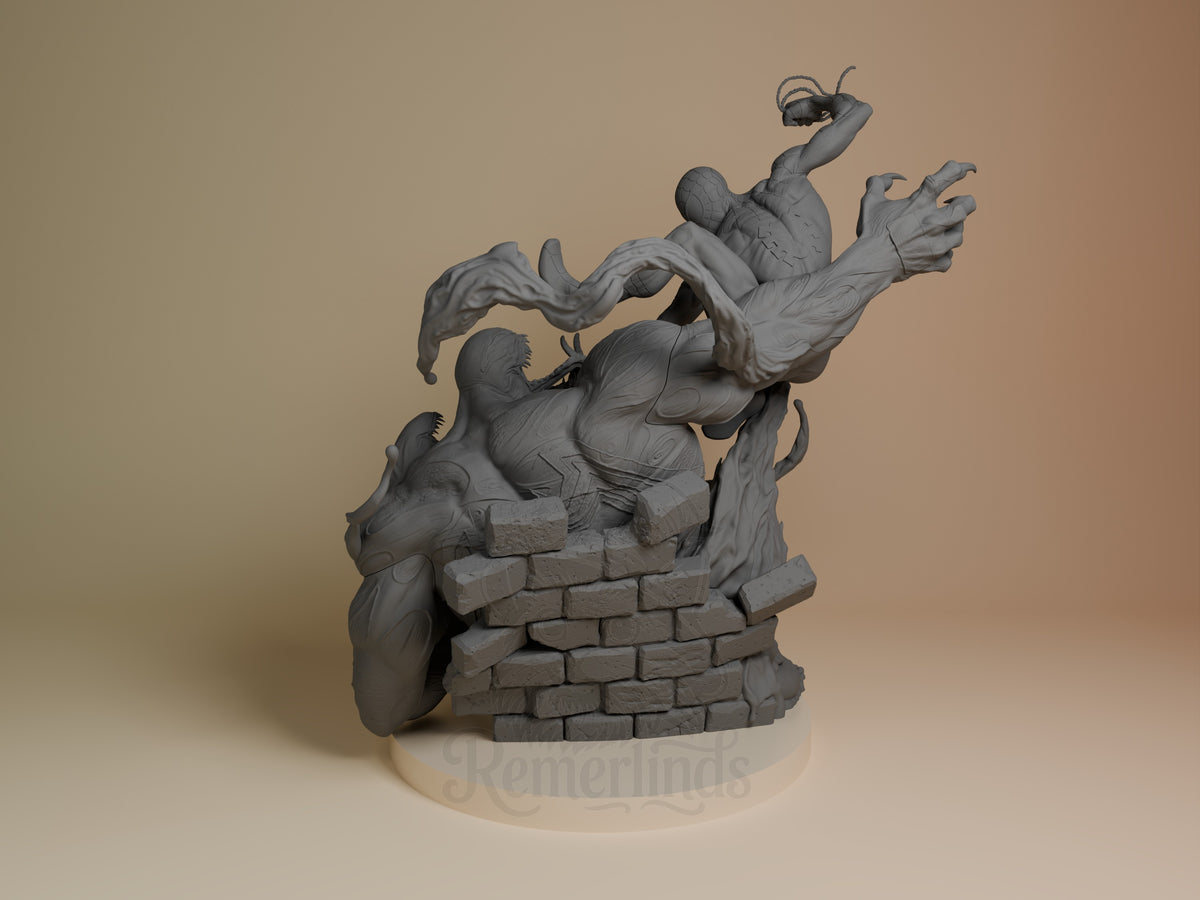 Unpainted gray resin figure of villain climbing brick wall with dramatic pose, arms outstretched upward, captured from left angle on cream base.