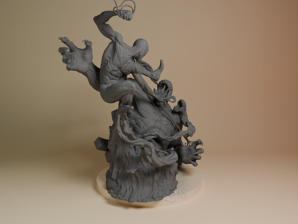 Spiderman resin figure in dynamic aerial pose atop beast base, unpainted gray detail, right-side angle view.