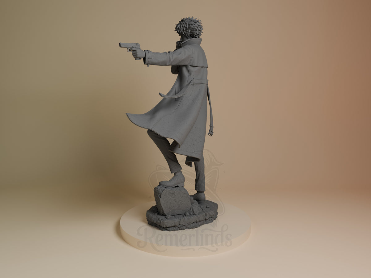 Spike from Cowboy Bebop resin figure shown at angle, unpainted gray, dynamic pose with extended arm holding pistol, flowing coat, standing on rocky base.