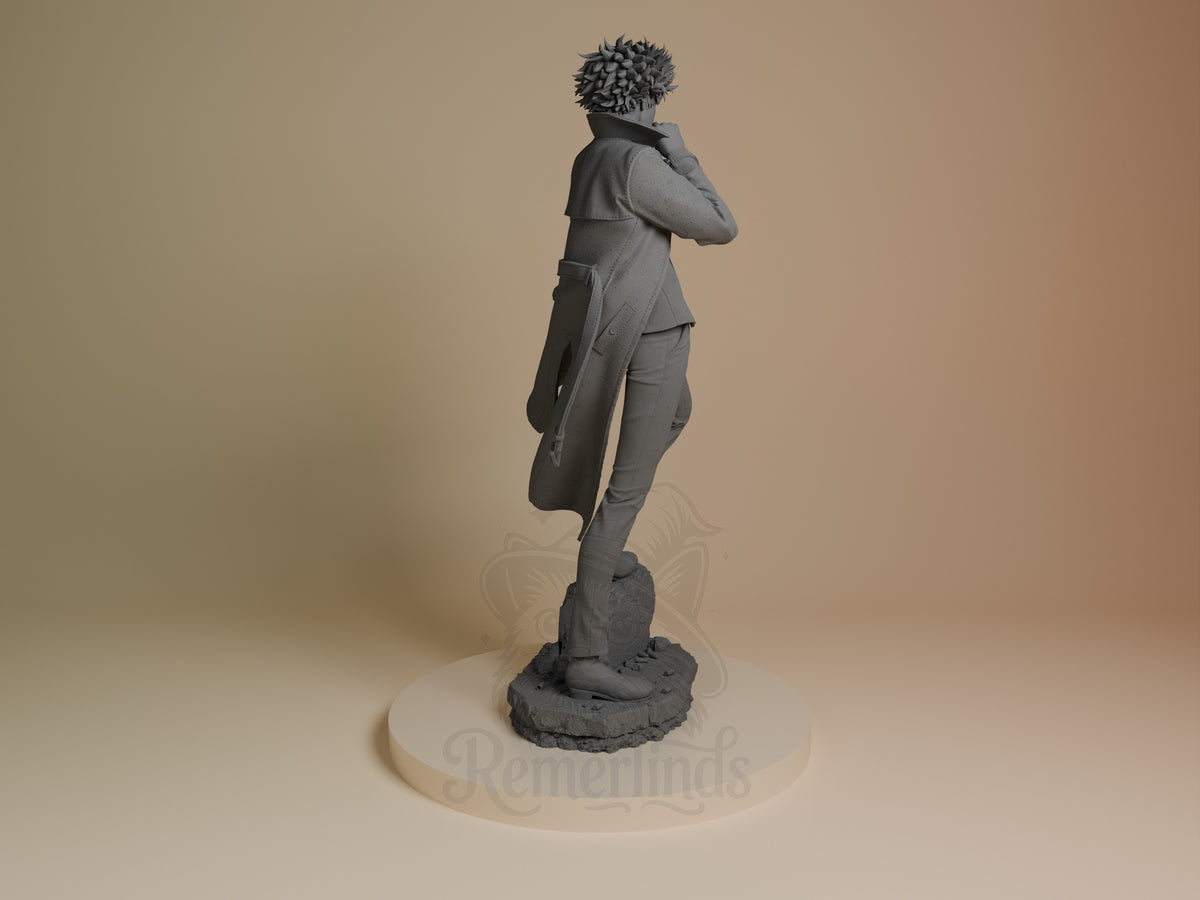 Spike from Cowboy Bebop resin figure shown from behind in standing pose, unpainted gray with detailed base, CA3D Studios.