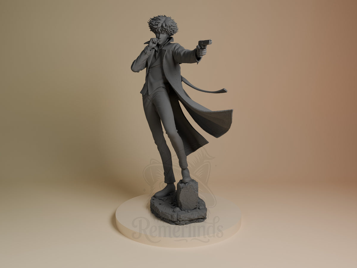 Spike Spiegel resin figure in dynamic pose with gun raised, flowing coat, unpainted gray finish, rocky base, front three-quarter view from Cowboy Bebop.