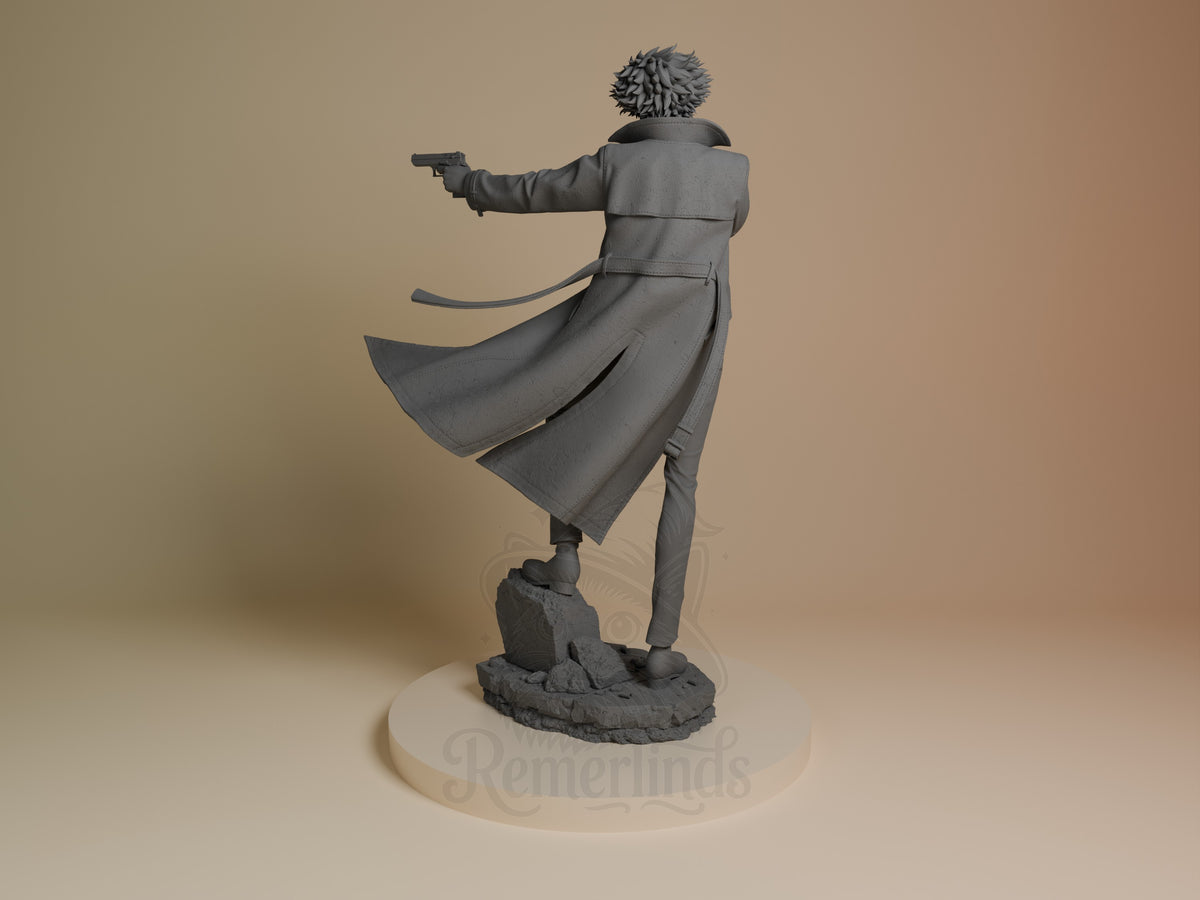 Spike Spiegel resin figure from Cowboy Bebop shown from behind in dynamic pose, coat billowing, pointing gun, unpainted gray finish on rocky base.