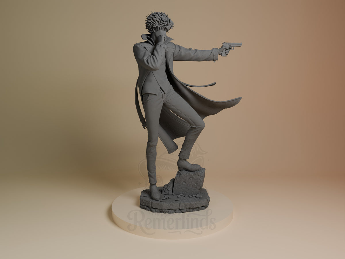 Spike Spiegel from Cowboy Bebop resin figure in dynamic pose, standing on rocky base with gun raised, flowing coat, unpainted gray finish, right side view.