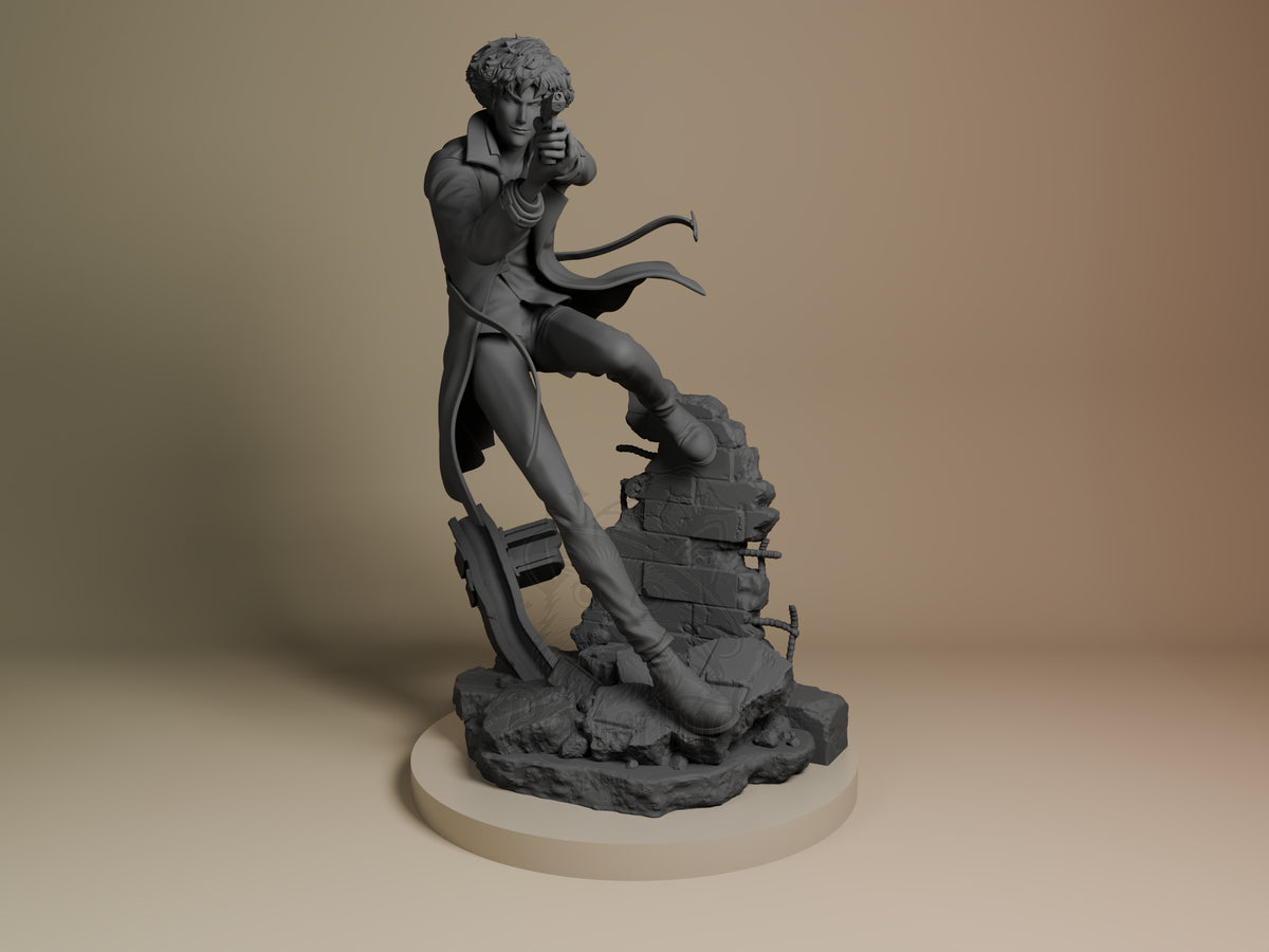 Bounty Hunter Space Bounty Blues 3D printed resin figure by Nomnom, unpainted front view. This 3D printed resin miniature figure depicts the bounty hunter Spike in a dynamic action pose, standing with one leg raised while aiming a handgun decisively forward. The character's trench coat appears to flow dramatically behind him, enhancing the sense of motion, and he stands on a detailed base featuring rocky debris and a broken brick wall, evoking an intense and gritty atmosphere.