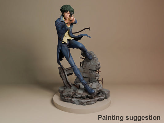 Painted Spike from Cowboy Bebop resin figure aims a pistol while stepping on a rubble base.