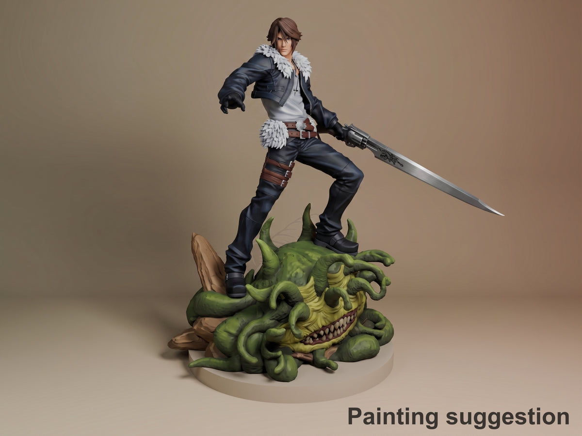 Painted resin figure of Squall Leonhart from Final Fantasy poses with gunblade on a sculpted base.