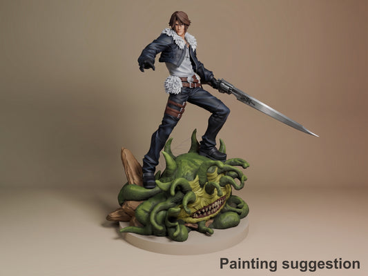 Painted resin figure of Squall Leonhart from Final Fantasy poses with gunblade on a sculpted base.