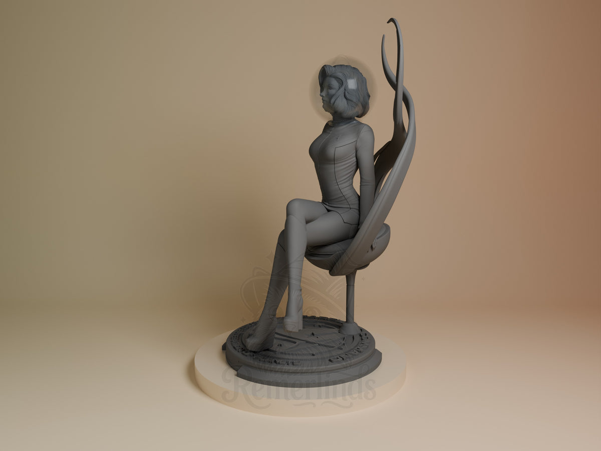 Starlight Patrol Officer resin figure in dynamic pose on circular base, shown at angle against neutral background, unpainted gray finish.