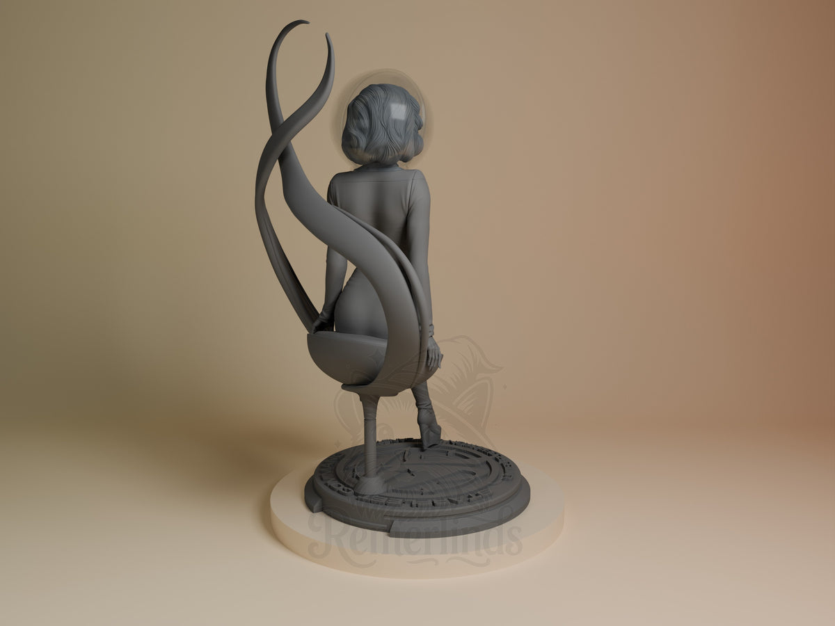 Starlight Patrol Officer resin figure from Star Voyage Saga, back view, standing on detailed base with curved staff prop, unpainted gray finish.