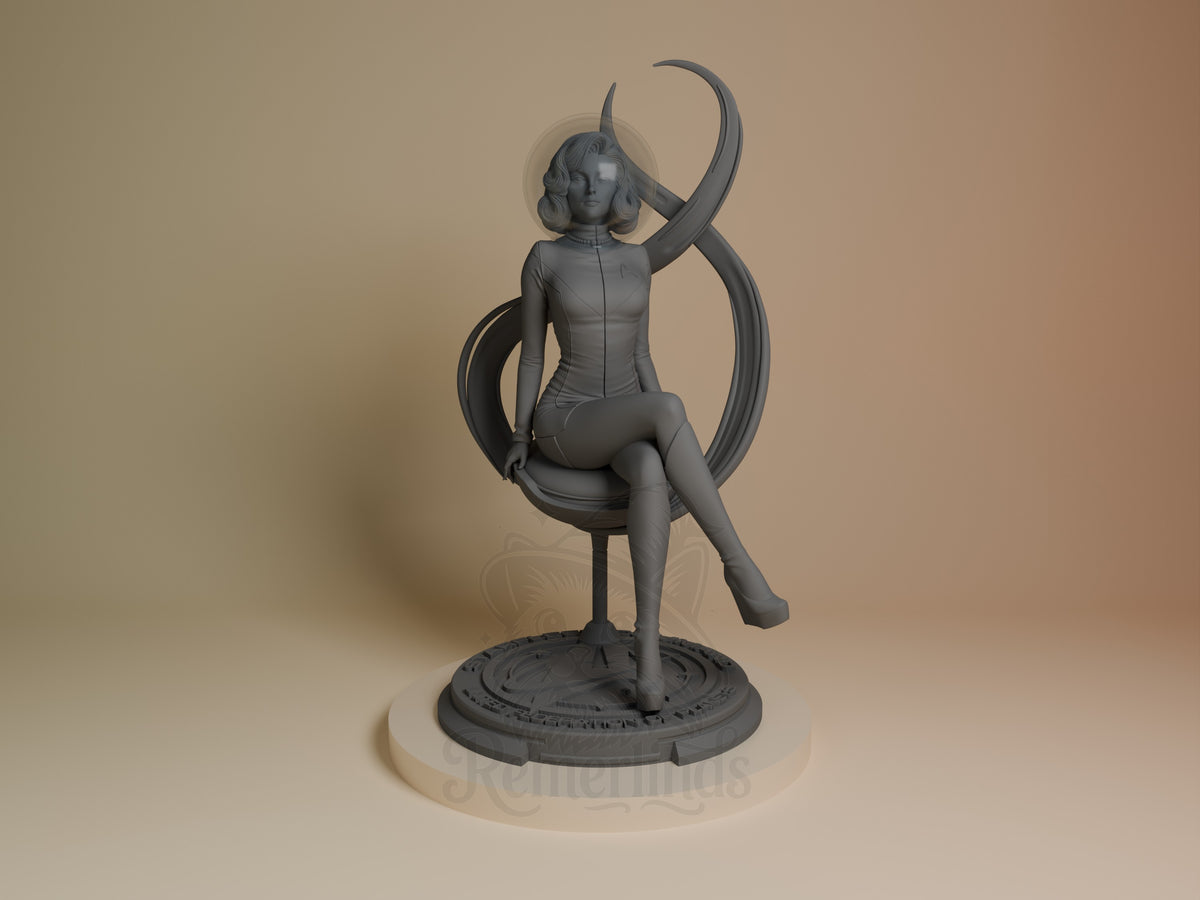 Starlight Patrol Officer resin figure seated in futuristic chair with horned headdress, unpainted gray finish, circular base, front view.