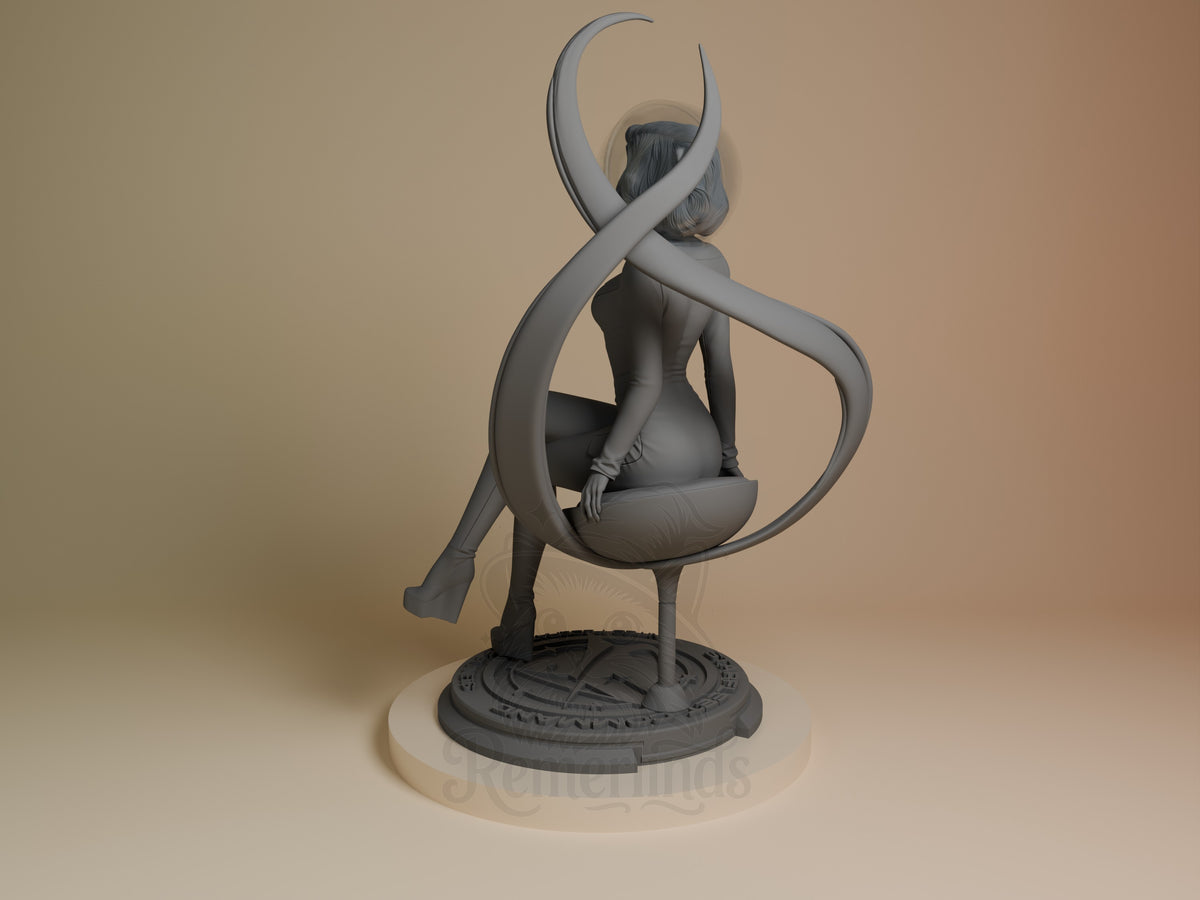 Starlight Patrol Officer resin figure from Star Voyage Saga, shown from left angle seated on decorative base with curved horns and flowing cape details.
