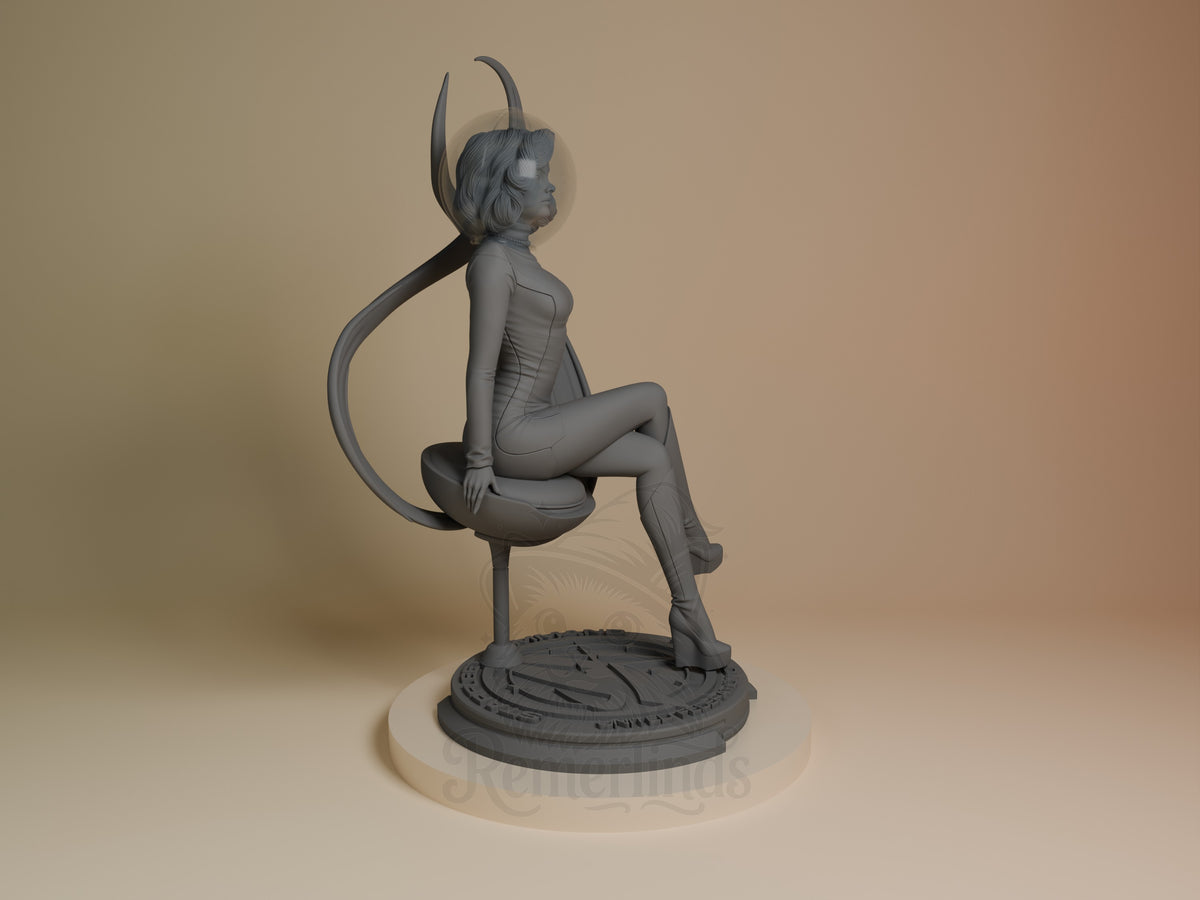 Starlight Patrol Officer resin figure shown from right side in seated pose with horns and tail, unpainted gray resin on detailed base from Star Voyage Saga.