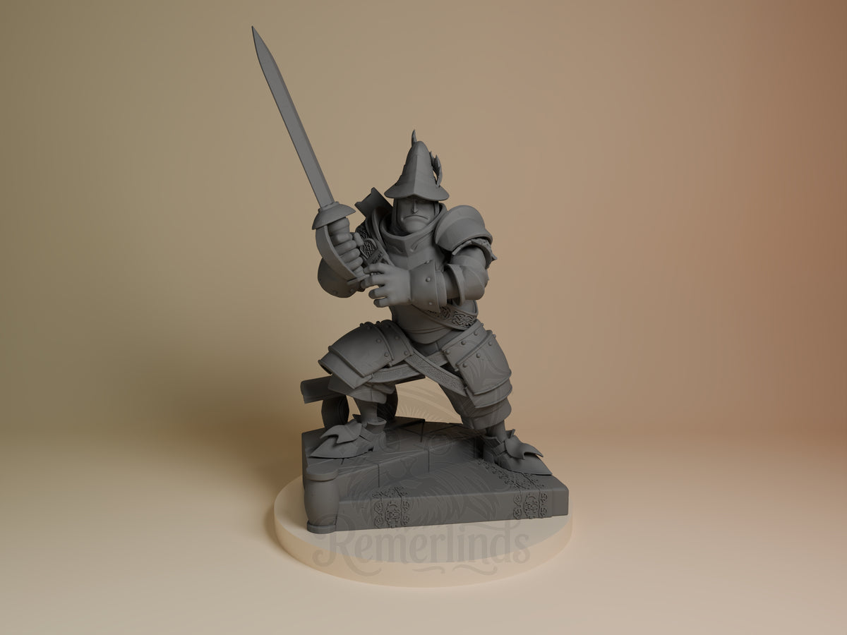 Steiner Final Fable 3D printed resin figure by Nomnom, unpainted front view. The figure depicts Steiner in a combat-ready stance, emphasizing his role as a heavily armored knight. The detailed armor and sword contribute to a strong and heroic presence, while the dynamic pose gives a sense of imminent action. The stone floor base anchors the figure thematically, enhancing its overall medieval aesthetic.