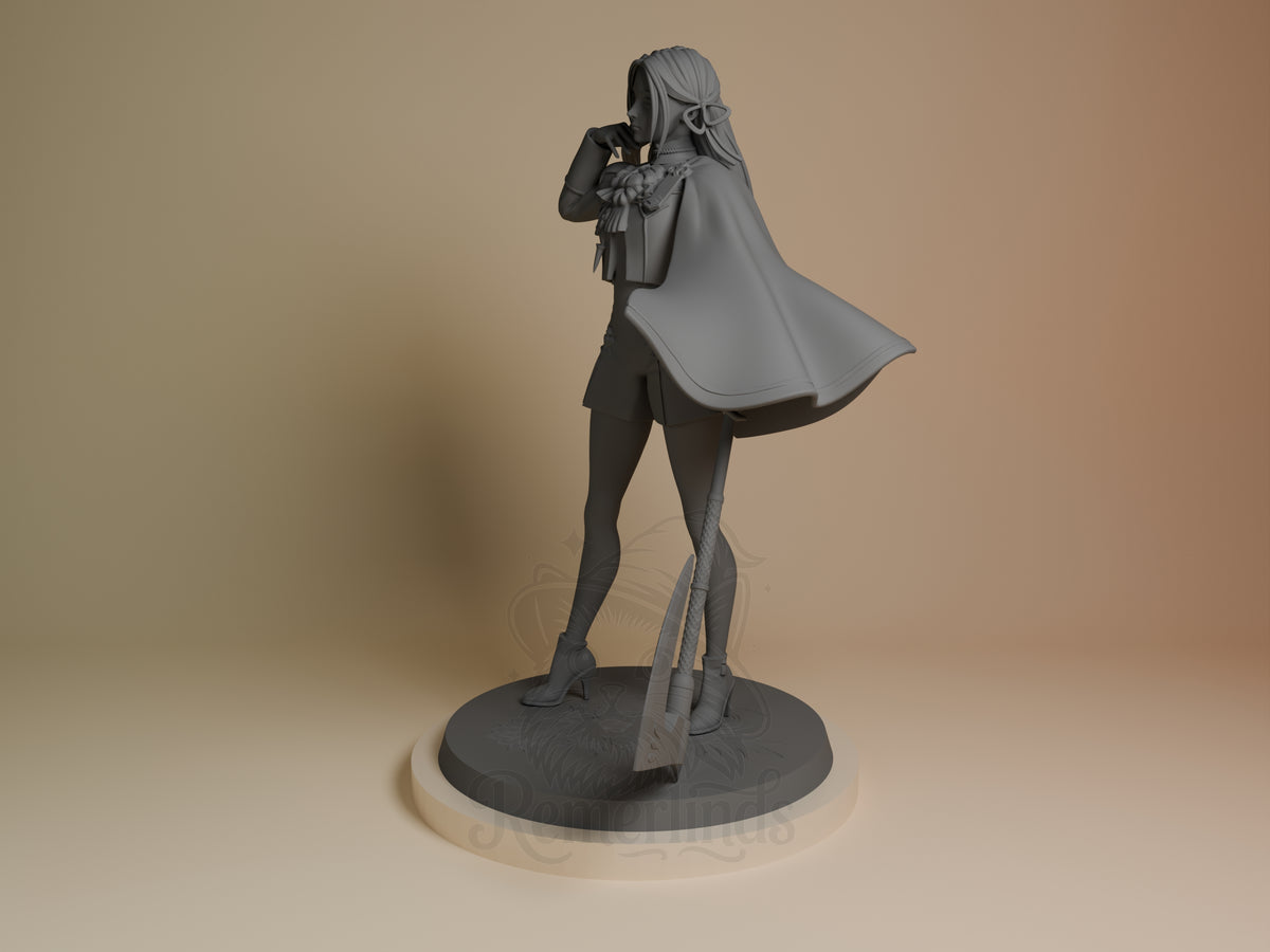 Crimson Scholar resin figure shown at angle, wearing cape and backpack, unpainted gray polymer on round base, viewed from side-back.