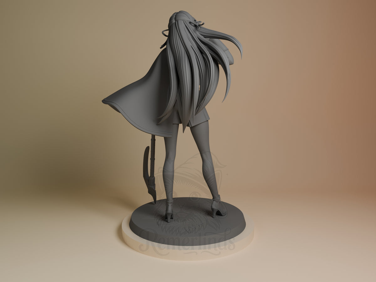 Crimson Scholar resin figure from Fire Symbol shown from behind, long flowing hair, cape billowing, standing pose on dark base, unpainted gray resin by Bulkamancer.