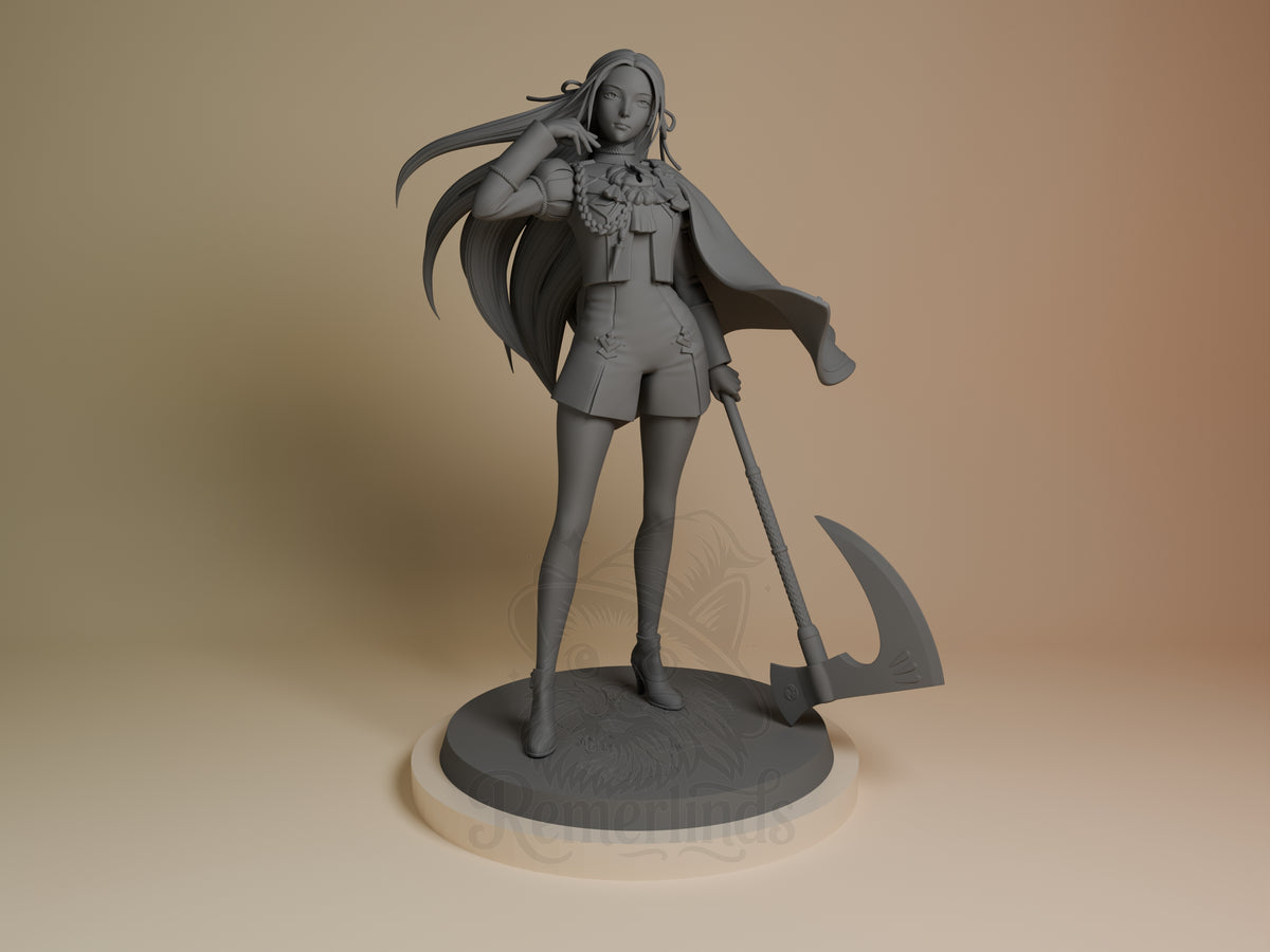 Crimson Scholar resin figure from Fire Symbol shown from front, unpainted gray, standing with scythe on circular base, long flowing hair and cape detail visible.