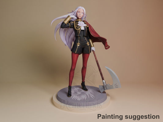 Crimson Scholar resin figure from Fire Symbol standing posed with polearm weapon on circular base, painted in black, gold, and red with long lavender hair and cape.