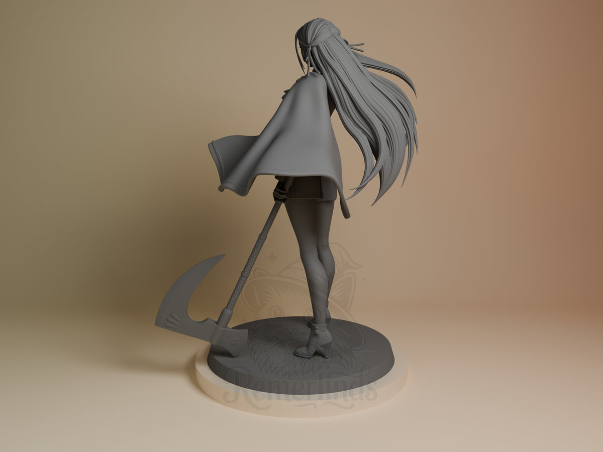 Crimson Scholar resin figure shown from left side, standing pose with long ponytail, cape, holding staff, unpainted gray finish on round base.