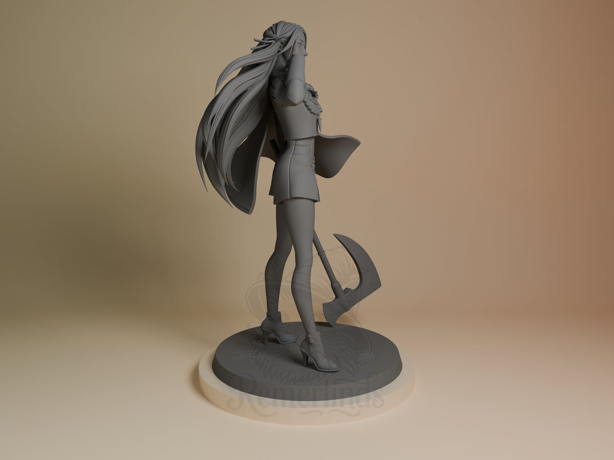 Crimson Scholar resin figure from Fire Symbol shown from the right side, standing pose with long flowing hair and cape, unpainted gray resin on dark base.