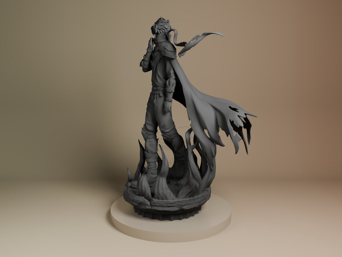 Sung Jin-Woo resin figure angled view showing unpainted gray details, dynamic pose with cape flowing, mounted on textured base.